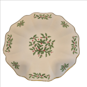 Lenox Holiday Scalloped Serving Platter In Holly and Berry Motif